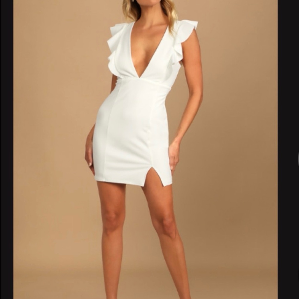Lulu's White Deep V Ruffle Sleeve Mini Dress